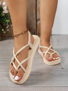 Dép xỏ ngón lưới kiểu La Mã thời trang tối giản cho nữ, dép đi trong nhà chống trượt đế vải lanh cho bãi biển Hawaii mùa hè - Màu be - Xem 4