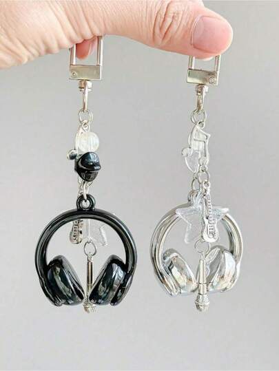1pc Unisex INS Style Music Earphone Keychain, Creative Mini Microphone Guitar Music Note Keyring, Unique Phone Chain Bag Car Key Holder, Music Festival Music Lover Gift Car Accessories Bag Charm Backpack For School Cute Goth Y2k