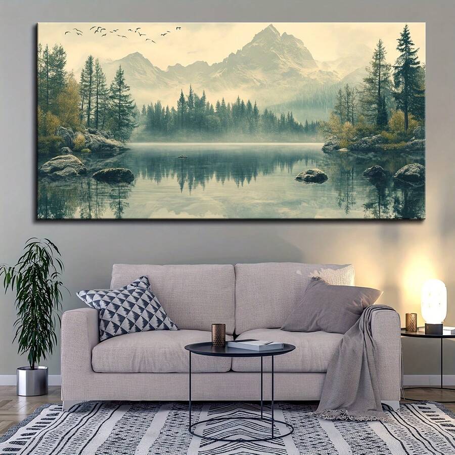Framed Canvas Poster, Snow Mountain Forest Lake Scenery Painting, Waterproof Odorless Canvas, Birthday Gift, Bedroom, Office, Living Room, Wall Decoration, Home And Dormitory Decoration Art Wall Pictureroom Decor Home Decor Bathroom Decor Posters Bedroom Decor Wall Decor Living Room Decor Office Decor Room Decor Aesthetic Pictures Wall Decor Living Room Kitchen Decor Home Decor Bedroom Apartment Decor - 綠色 - 查看 1