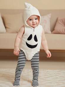 Baby Cosplay Costume Sleeveless Hooded Ghost Romper With Striped Stockings Halloween Clothes For Girls Boys - White - View 1
