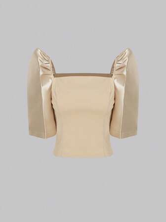 Amyenjoylife 现代菲律宾女式春夏纯色泡泡袖方领优雅短款衬衫