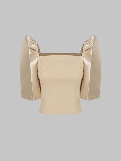 Dravelle Amyenjoylife Modern Filipiniana Women's Spring/Summer Solid Color Puff Sleeve Square Neck Elegant Cropped Blouse
