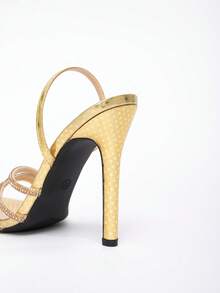 女士露趾星形高跟凉鞋，水钻装饰踝带，优雅高端派对正装鞋，金色