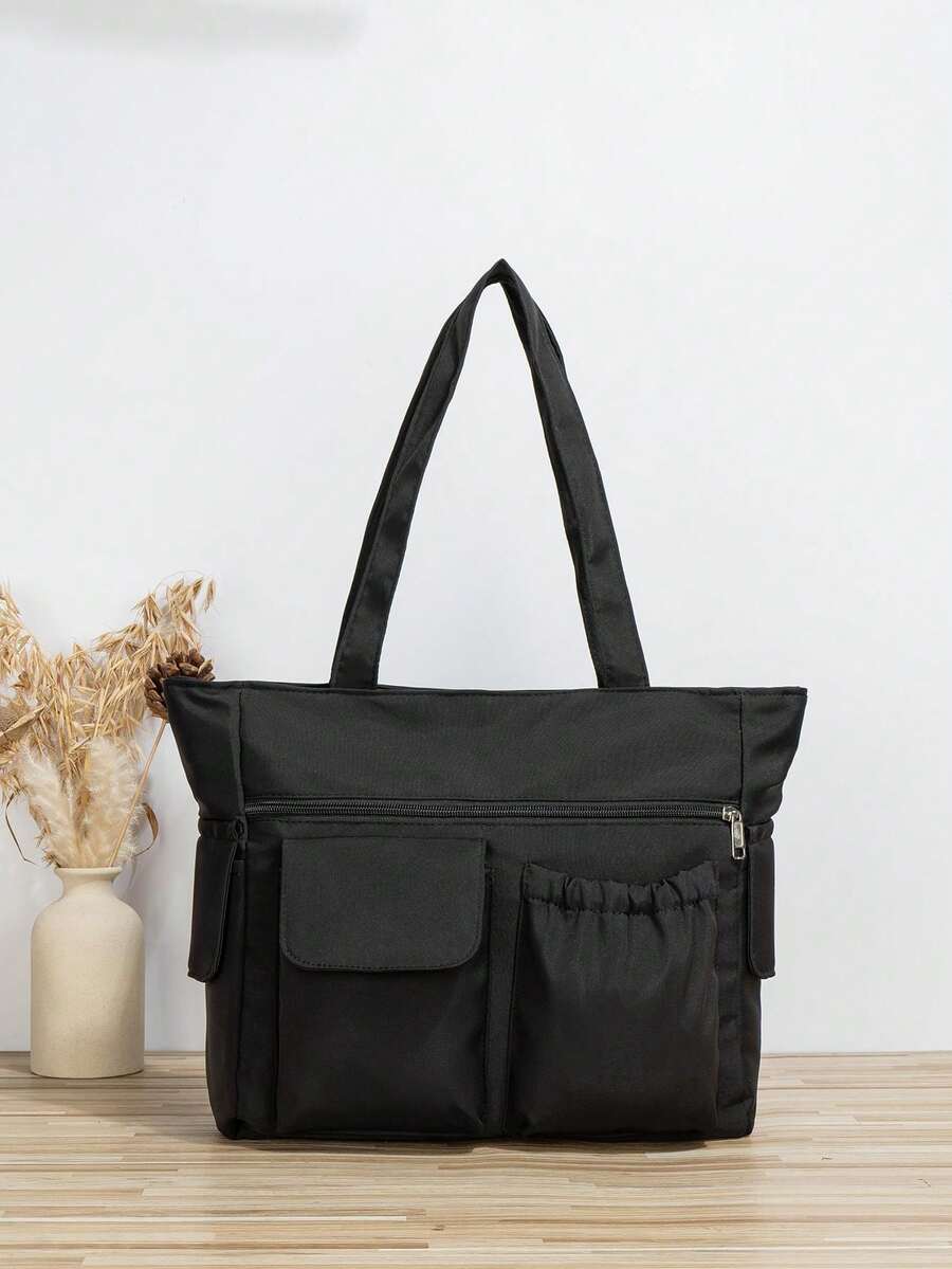 Solid Color Nylon Fabric Multi-Pocket Large Capacity Tote Bag, Simple Lightweight Laptop Friendly College Style Versatile - Black - View 1