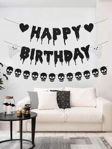 1pc Black Glitter Halloween Birthday Banner Black Heart Skull Garland Halloween Happy Birthday Decorations For Halloween Birthday Party Decorations Theme BabyShower Supplies - Multicolor - View 4