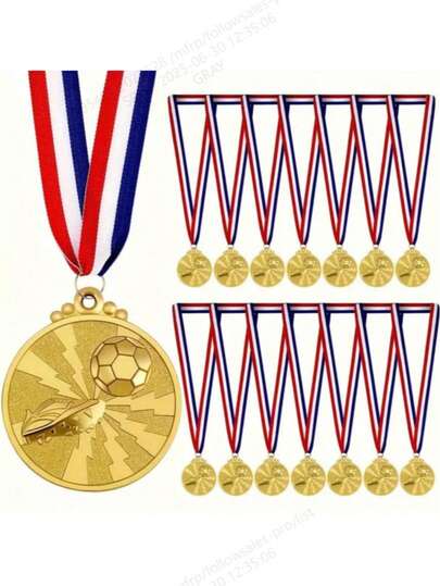 5 件足球奖牌、金奖奖牌套装 - 金属风格，适用于体育足球比赛和奖品、派对礼品