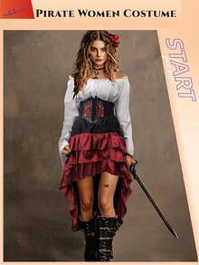 Costume Women Outfit With Renaissance Shirt Skirt Corset Waist Belt Womens Halloween Costumes (White+Red, S) - 白色+紅色 - 查看 2