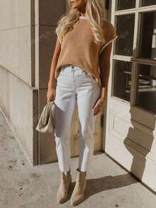 Áo len dệt kim tay cánh dơi màu khối cỡ lớn cho nữ, áo len cardigan chắp vá màu tương phản, áo ba lỗ không tay cho mùa hè và mùa xuân - Màu Khaki - Xem 6