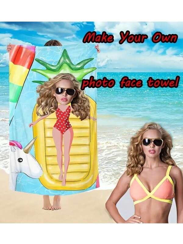 1pc Personalized Photo Beach Towel - Tropical Pineapple Pattern, Super Absorbent Microfiber Suitable For Beach, Pool, Camping - Customized Face Towel, Coastal Themed Design, Fun Colors, Personalized Beach Towel, Pool Accessory