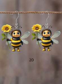 1 par de aretes creativos y lindos de abeja de acrílico sosteniendo un girasol, diseño de animal encantador como regalo para mujeres