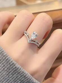 Sanrio 1PC Adjustable V-Shaped Drill Crown Drop Zirconia Ring - Luxe Vintage Elegance, Perfect For Daily Wear & Valentine's Day Gift For Her
