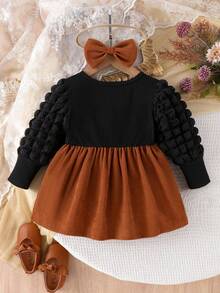 2pcs/Set Baby Girl Black Corduroy Patchwork Dress With Bow Detail, Waisted Bubble Hem Long Sleeve Dress With Bow Headband