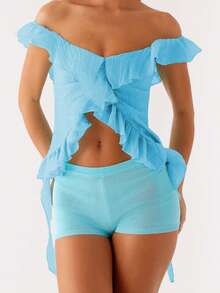 Tops de mujer con hombros descubiertos, volantes, color liso, espalda descubierta, ombligo al descubierto, estilo urbano de verano. - Azul - Ver 3