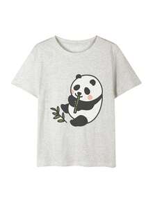 100% Cotton Women's T-Shirt, Short Sleeves, New For Summer 2025, Cute Panda Illustration, Simple And Stylish, Panda Eating Bamboo On White Background, Casual, Crew Neck - 淺灰色 - 查看 2