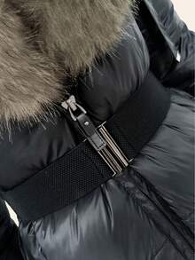 女士优雅冬季外套，带毛领，连帽绗缝外套，系带黑色 - 黑色 - 查看 5