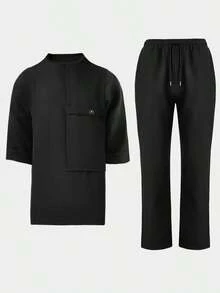 2 件套，新款春夏男士 Dashiki 套装，黑色短袖，大口袋，卷袖，圆领，松紧腰裤，非洲服装，男士休闲短袖裤 2 件套，街头风格，派对，约会，婚礼，商务，日常穿着，文化活动，传统仪式