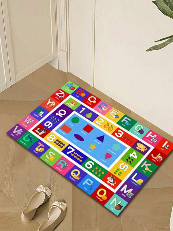 1pc Colorful Letter & Number Design Floor Mat - Fashionable Home Carpet, Suitable For Game Room, Educational Home Decor With Cartoon Character & Animal Illustration, Room Decor, Bedroom Decor, Small Rug, Carpet, Home Decor, Living Room Carpet, Living Room Small Rug, Bedroom Carpet, Living Room Home Decor, Outdoor Rug, Washable Carpet
