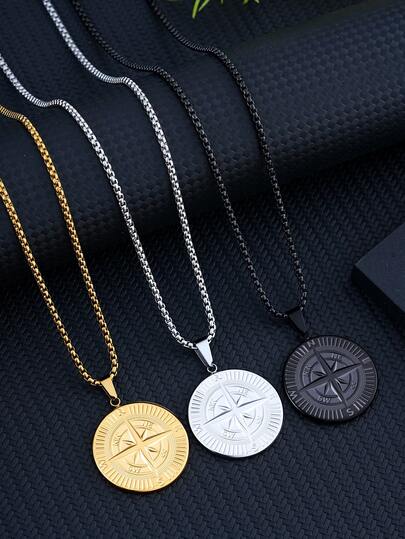 1pc Fashionable Stainless Steel Round Oxidized Compass Decorative Necklace For Men, Suitable For Daily Wear