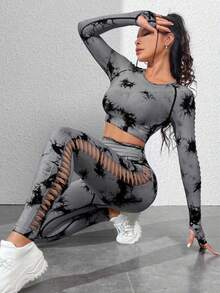 Deportivo de conjunto mujer de diseño aleatorio de estampado/sin costuras/con corte lateral - Gris Oscuro - Ver 2