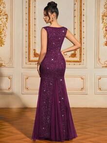 MIUSOL 心形领撞色亮片蕾丝网眼鱼尾下摆晚会修身长裙优雅正式婚礼宾客礼服，适合毕业典礼、晚宴 - 紫紅色 - 查看 3