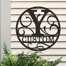 1PC Personalized Round Metal Monogram Wall Art, Custom Alphabet Plaque With Rustic Farmhouse Style, Iron Construction 26 Letters Welcome Sign, Easy Hanging Ornament For Couple Lovers Family Home Office Living Room Garden Decor, 2D Flat Housewarming Valentine's Day Gift,School Supplies,Back To School