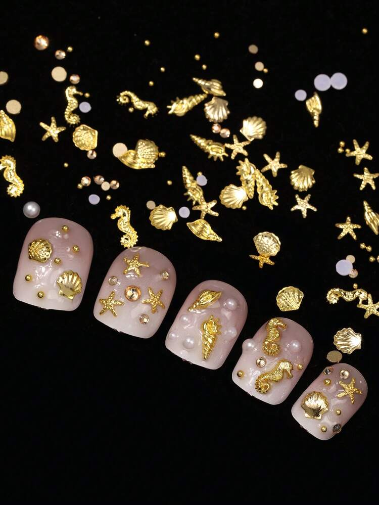 1 Box Summer Ocean 3D Nail Art Charms - Starfish, Shells, Seahorse, Metal Studs, Flat Back White Pearls & Gold Rhinestones - Mermaid Nail Decor Diy Nail Supplies Nails Nail Gems - Multicolor - View 2