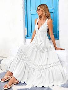 Vestido Largos Elegant Para Mujer,Vestido Tank Con Encaje Y Adornado Con Volantes,Vestido Unicolor Con Escote En V Profundo, Perfecto Para Vacaciones - Blanco - Ver 1