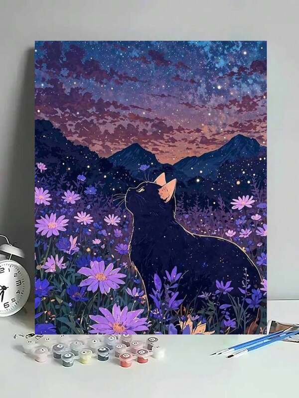 1 Set Floral Black Cat DIY Digital Oil Painting Kit, Artistic Craft For Adults, Frameless Art Painting Suitable For Bedroom Decor & Art Wall, Simple & Fun Painting Method, No Drawing Foundation Needed, Fulfill Your Painter's Dream, Immerse Yourself In The Colorful World, Each Stroke Is Self-Expression, Add Romance To Life, Best Gift For Family & Friends, Halloween, Christmas, Holiday Gift, 40*50CM