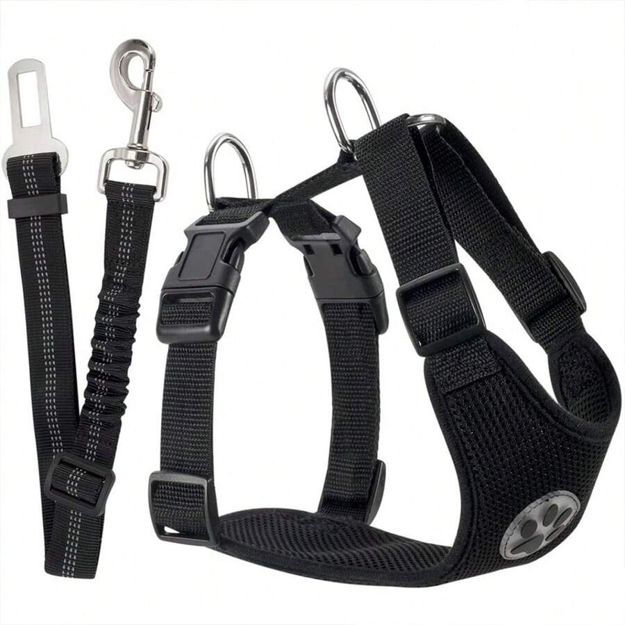 Dog Harness Vest With Safety Leash, Adjustable Pet Chest Strap, Dual-Layer Breathable Mesh Material, Car Safety Seatbelt Included - Black - View 1
