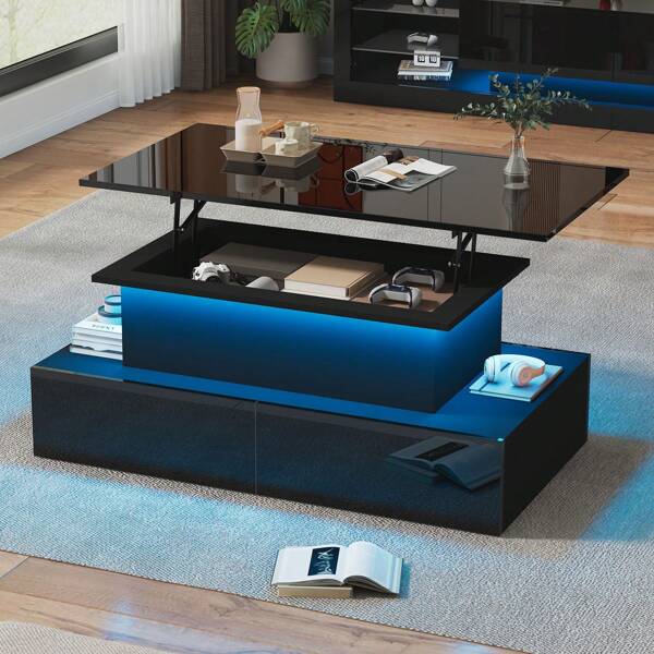 Sairedel Modernes Weiß Hochglanz-Couchtisch mit LED-Beleuchtung und 4 Schubladen – Stilvoller 90x55x41 cm Beistelltisch mit Stauraum, Belastbar bis 30 kg