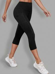 1pc Spring/Summer 7/8 Length Yoga Waist Tights With Side Pockets, Casual Sports Versatile Capri Pants