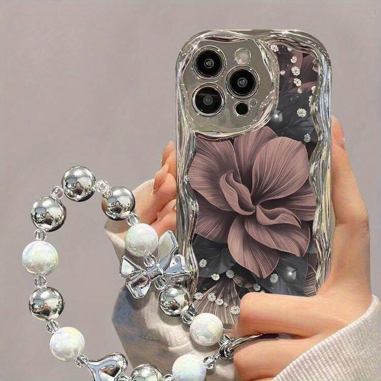 Fundas para celular 16, 15, 14, 15, 16 Plus. Diseño floral electrochapado plateado. Diseño elegante y sofisticado. Funda para teléfono con diseño de pulsera de perlas y cordón. Compatible con phone 16 Pro/16 Plus/16 Pro/16/15 Pro/15 Plus/15 Pro/15/14 Pro/14 Plus/14 Pro/14/13 Pro/13. - Plateado - Añade 5