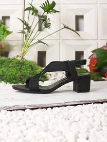 Sandali con tacco alto da donna, stile romano con tacco spesso, punta aperta e cinturino alla caviglia, bohémien - nero - Visualizzare 5