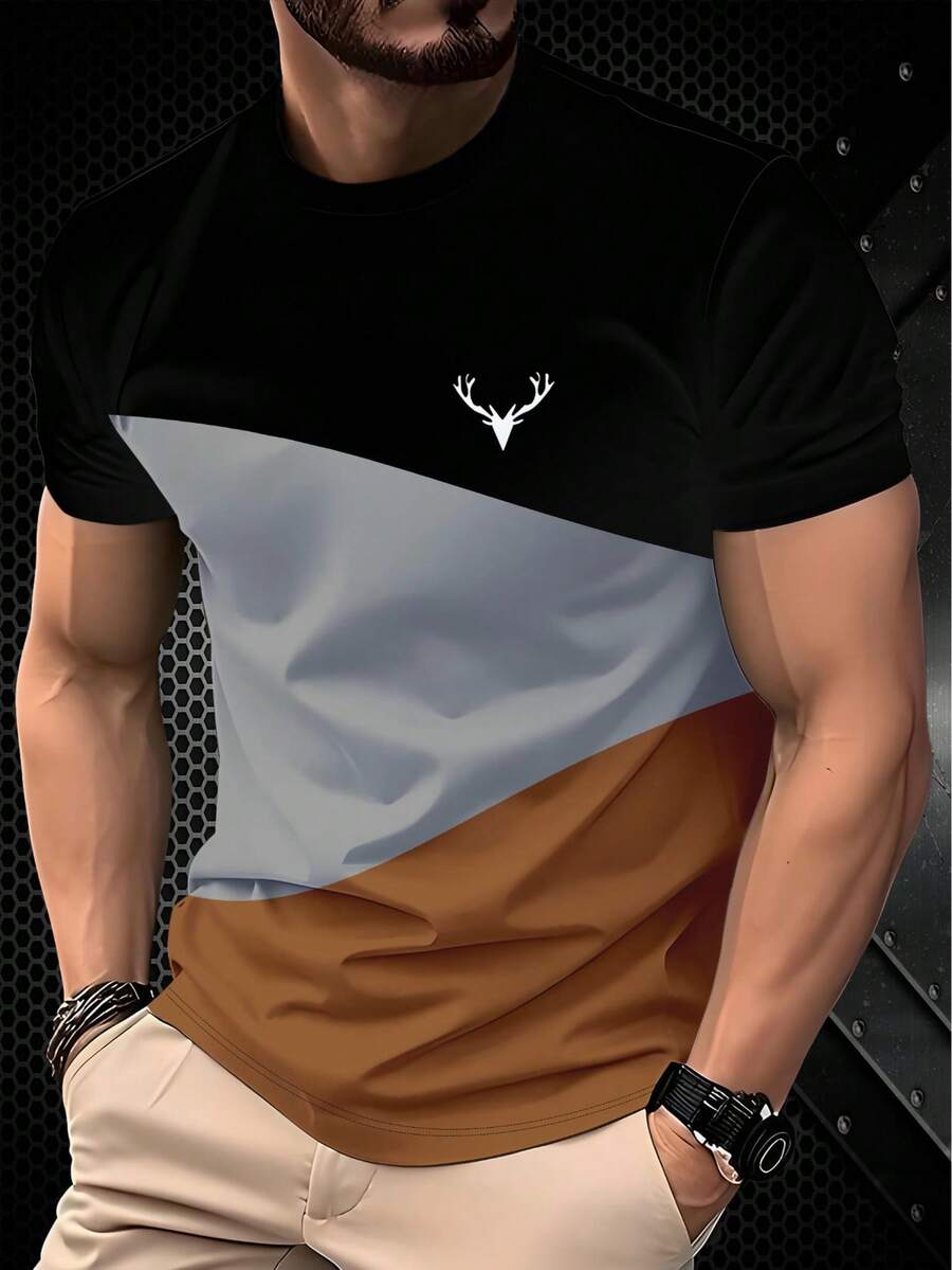 3-Color Block Short Sleeve Casual T-Shirt With Simple Deer Head Logo Print For Men, Versatile - Black - View 1