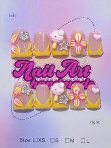 10 件手工 Y2K 指甲鸭嘴按压指甲套装 - 手工制作，粉色指甲，白色法式风格，3D 手工粉色花朵，粉色小花元素设计，闪亮水钻和金色蝴蝶结装饰 - 适合女士和女孩，派对、婚礼、日常佩戴，包含工具包。鸭嘴指甲。夏季指甲。美甲用品 指甲 - 紅白色 - 查看 1