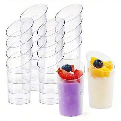 10pcs/20pcs/30pcs/40pcs Round Slanted Mousse Cups, Transparent Pudding Cups For Ice Cream, Party, Wedding, Catering, Food Containers, Mini Dessert Appetizer Cups For Restaurant, Suitable For Party, Wedding, Catering, Ice Cream, Fruit, Milk, Pudding And Food Containers, Kitchen Supplies
