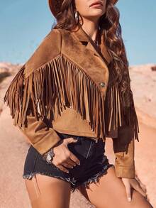 elfnokto Women's Plain Color Long Sleeve Fringe Jacket - 棕色 - 查看 3