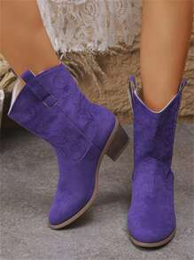 2025新款复古波西米亚刺绣装饰秋冬西部靴，百搭优雅蓝色个性化户外街头风格靴