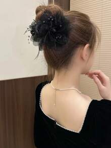 发夹 1 件优雅仿珍珠花羽毛流苏发夹，发髻发夹，高端发夹发饰女士发饰优雅爪夹，学校用品，大学 - 彩色 - 查看 2