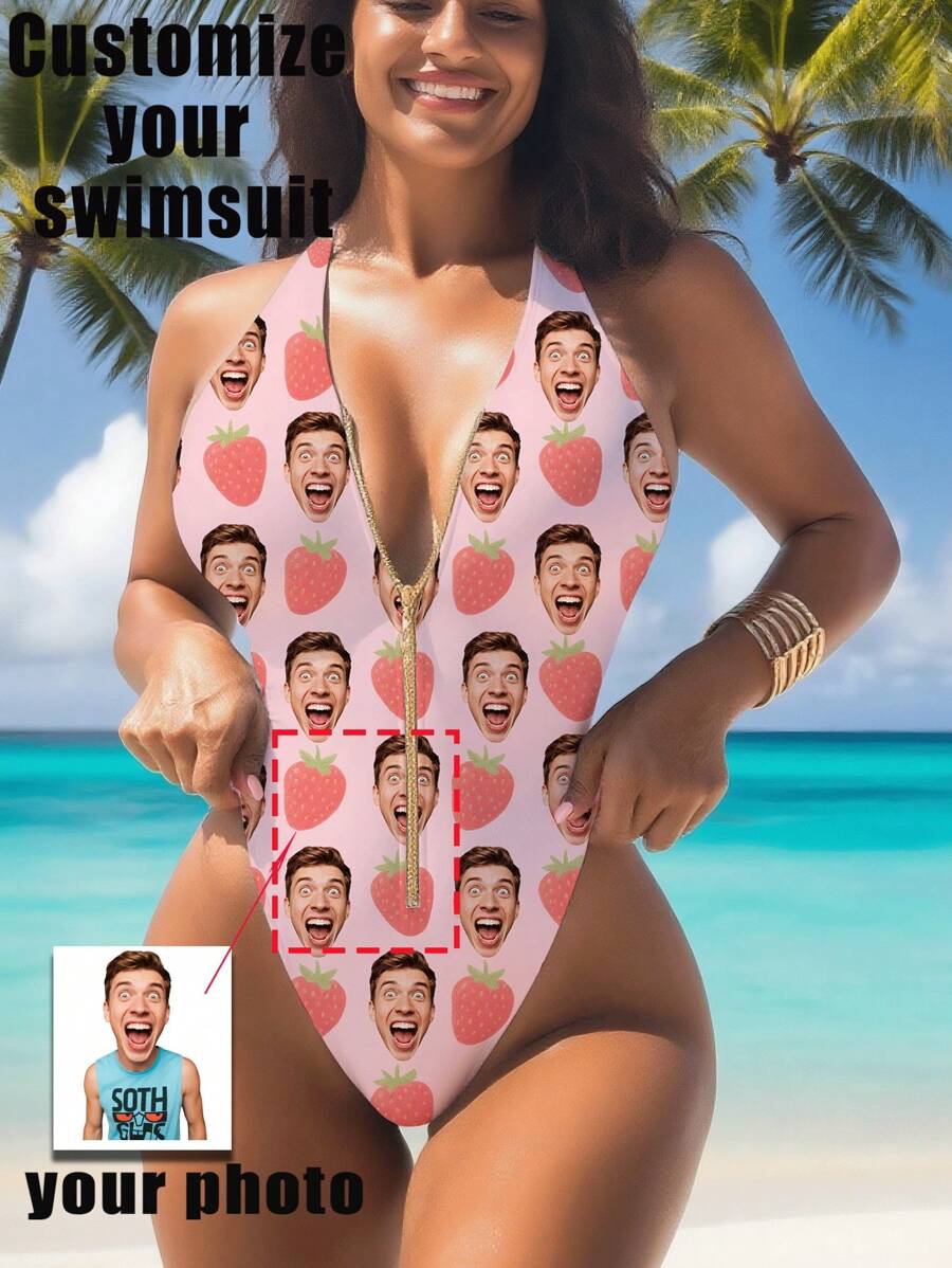 1 pieza Traje de baño personalizado para mujer, con diseño facial personalizado, traje de baño con cremallera y espalda descubierta, traje de baño rosa de cintura alta sin mangas, sexy y femenino, adecuado para piscina, playa y vacaciones, para chicas