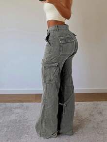 女士美式时尚水洗修身工装牛仔裤，休闲春季款 - 淺灰色 - 查看 4