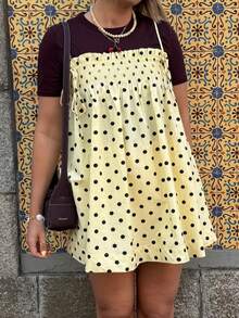 Vintage Polka Dot All Over Print Bohemian Casual Pleated Elastic Waist Ruffle Hem Cami Mini Dress Or Skirt With Styling Versatility - Màu vàng - Xem 9