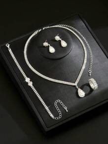 5 Stück/Set Blumenmuster Braut Schmuckset inklusive Halskette, Ohrringe, Armband, Ring - Eleganter und modischer Stil, tolles Geschenk für Frauen