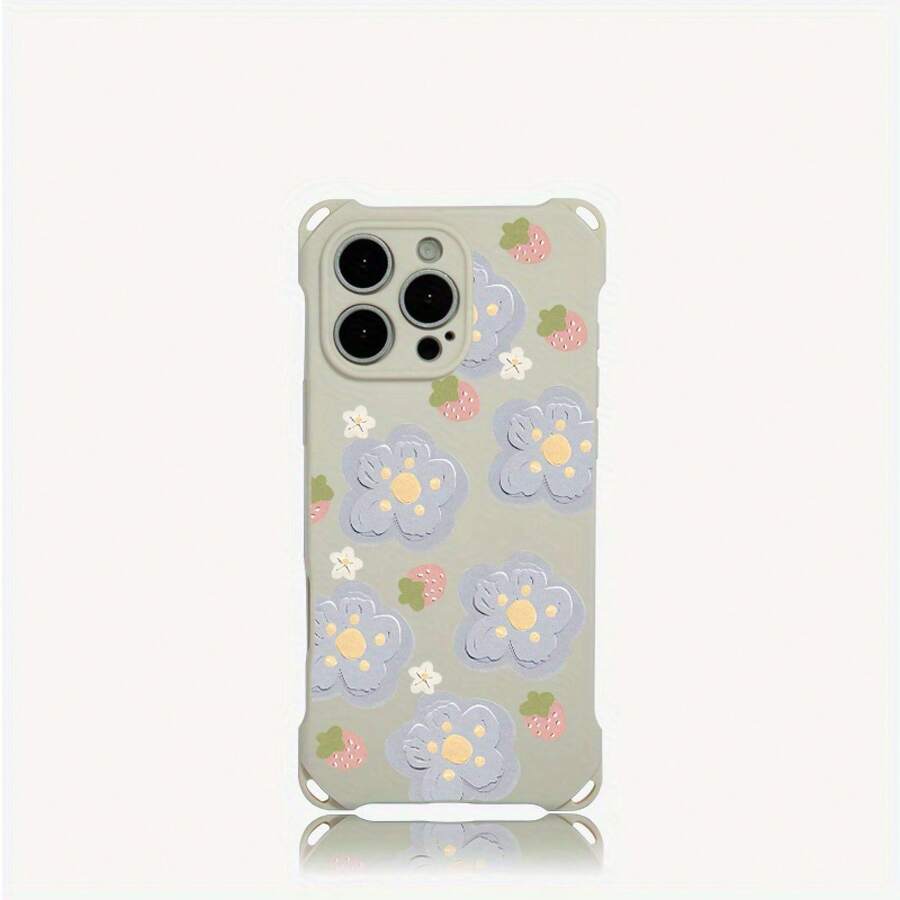 Funda de teléfono 1 pieza pintura al óleo azul diseño de patrón de flores cuatro esquinas colgante funda de teléfono 16 Pro 14 Plus 15 12 13 TPU impreso suave - Colores mixtos 3 - Ver 1