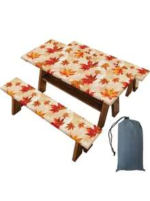 3 Piecesset Picnic Table Cover & Bench Covers - Pumpkin Sunflower Leaves Fall Maple Leaves Fitted Camping Tablecloth With Elastic Edges, Outdoor Waterproof Rectangle Table Cloth, 72x30Inch