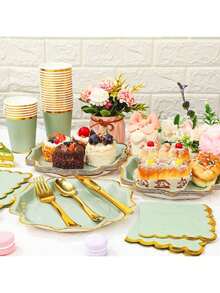 10/20/50pcs,Sage Green Scalloped Paper Plates With Gold Border 9 Inch Disposable Plates ,7 Inch Disposable Plates And Napkins.Decorative Scalloped Plates Cake Paper Dessert Plates For Birthday Wedding Shower Party Supplies(Sage Green) - Multicolor - View 4