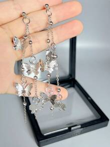 2pcs Fashionable Versatile Long Tassel Butterfly Pendant Earrings For Girls Wear Every Day, Party Jewelry