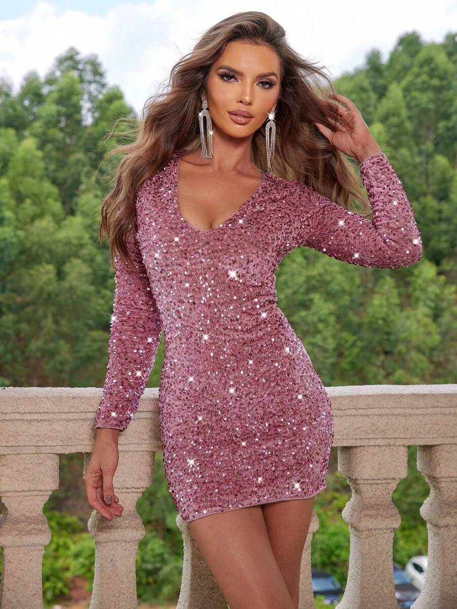 Joyfunear Vestido mini ajustado con lentejuelas sexy y de moda para mujer - Rosa - Ver 1