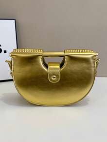 时尚绳编女包、单肩斜挎结构包、意大利面包、半圆形竹编包、流行晚宴包 - 金色 - 查看 8