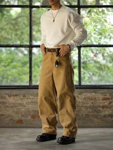 男士加厚华夫格针织宽松落肩长袖T恤小立领休闲打底衫美式复古风秋季 - 杏色 - 查看 6